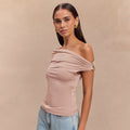 Women’s Solid Color Pleated Off-shoulder Slim Top - Lotus Pink / L - electronic accessories