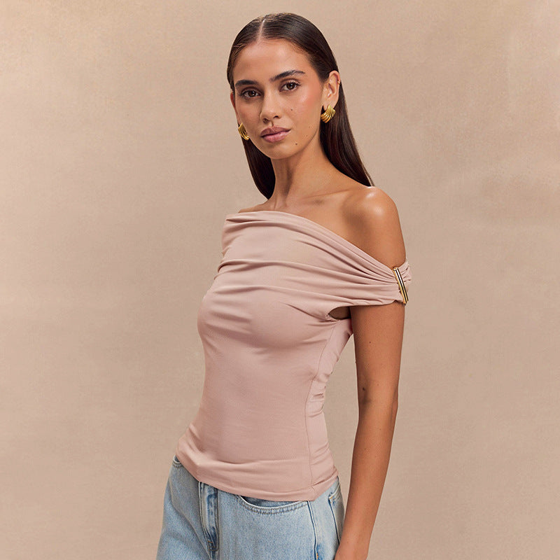 Women’s Solid Color Pleated Off-shoulder Slim Top - Lotus Pink / L - electronic accessories