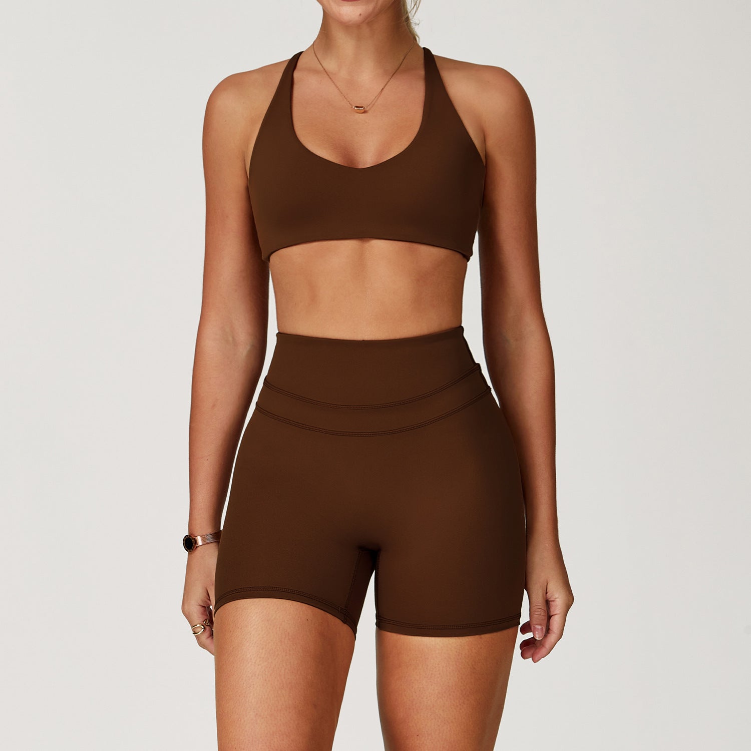 Women’s Solid Color Sanding Tight Back Yoga Suit - Chocolate / L - Other