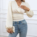 Women’s Solid Color Shirt With V-neck Wrapped Waist And Waistline - Other