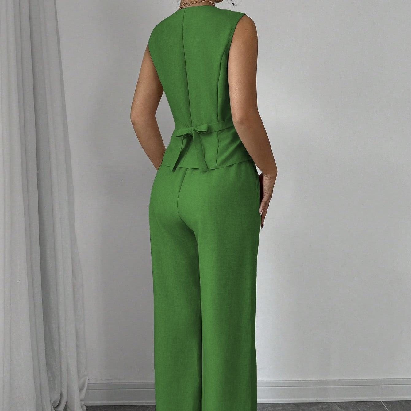 Women’s Solid Color Single Breasted Off Shoulder Vest And Wide Leg Pants Set - electronic accessories