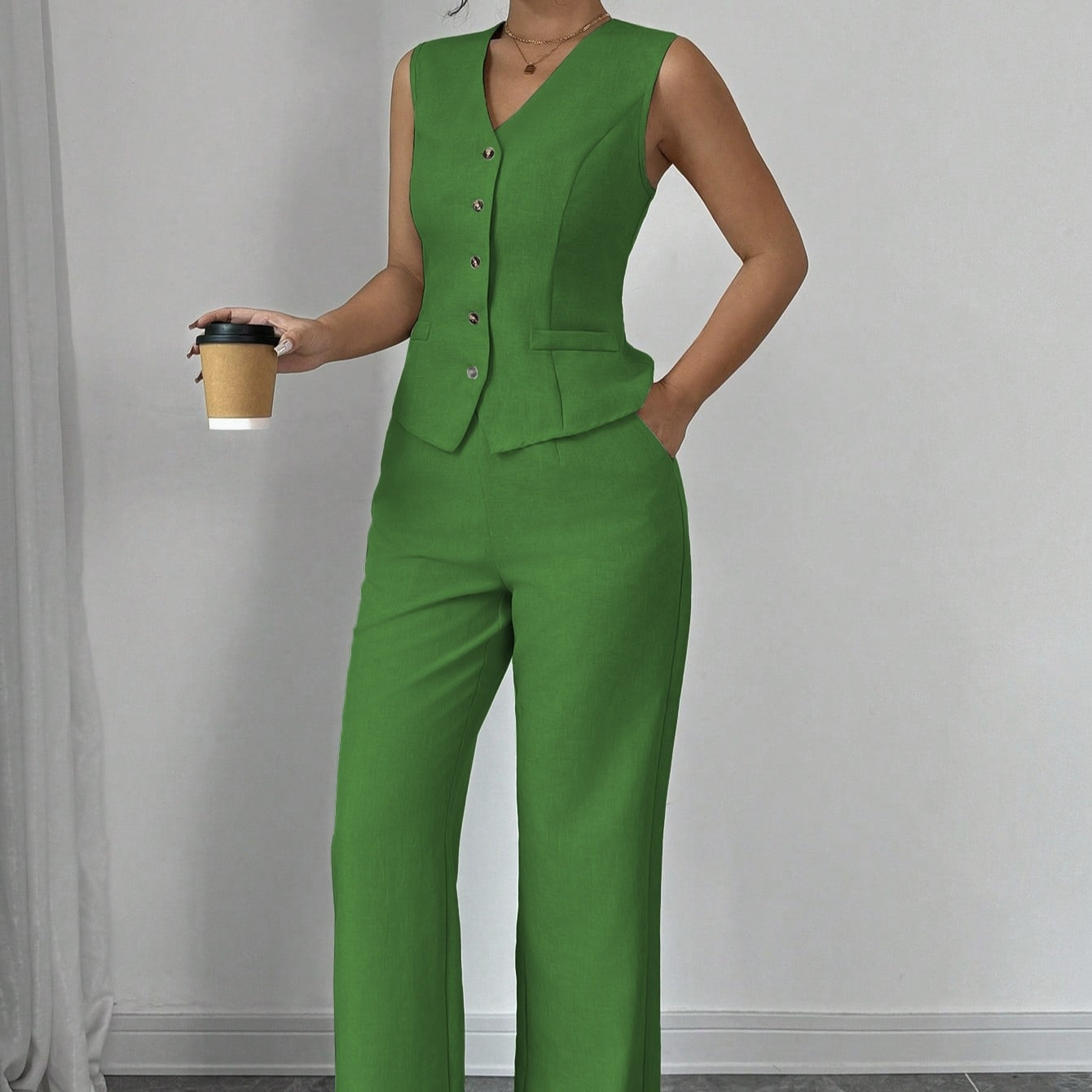 Women’s Solid Color Single Breasted Off Shoulder Vest And Wide Leg Pants Set - electronic accessories