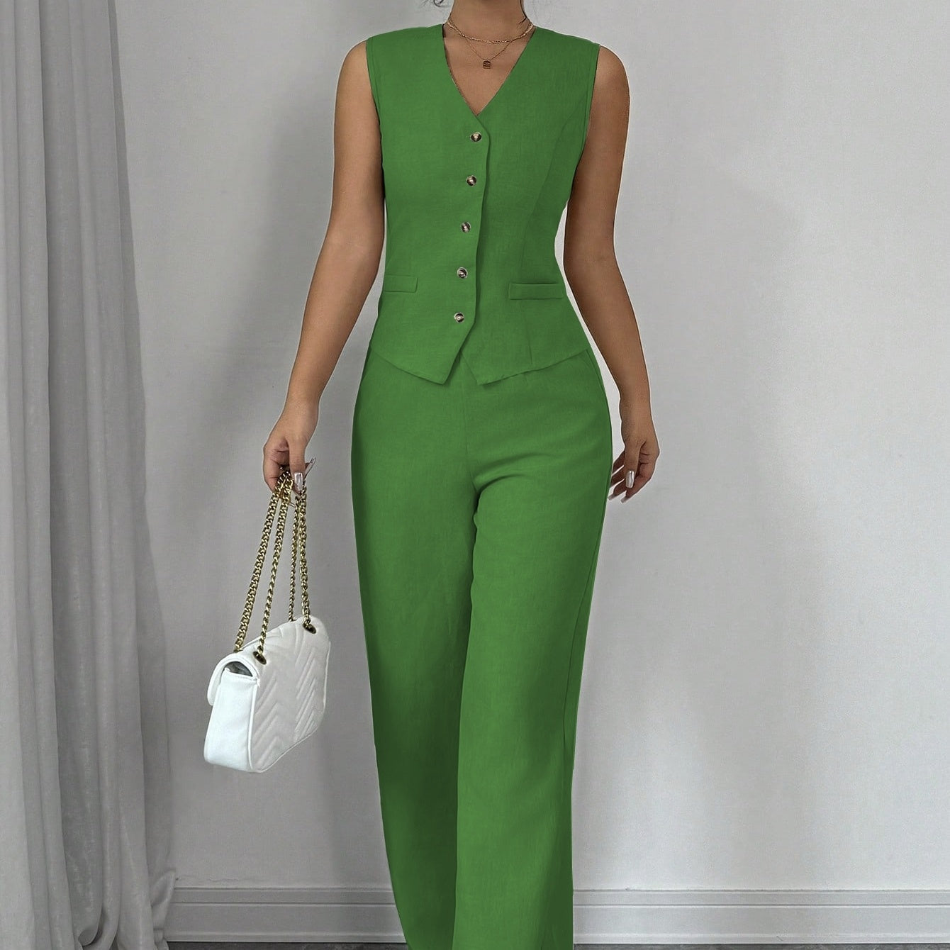 Women’s Solid Color Single Breasted Off Shoulder Vest And Wide Leg Pants Set - Green / M - electronic accessories
