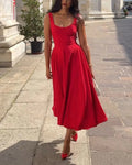 Women’s Solid Color Square Collar Sling Dress - Red / L - electronic accessories