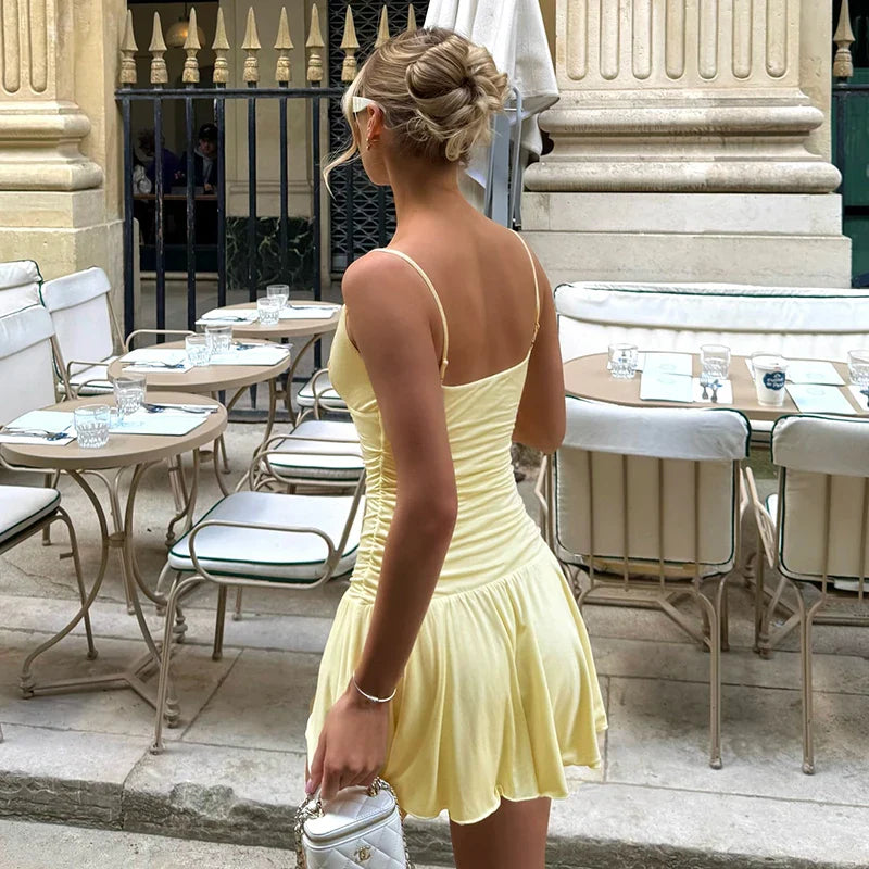 Women’S Spaghetti Straps V-Neck Ruffled Dress