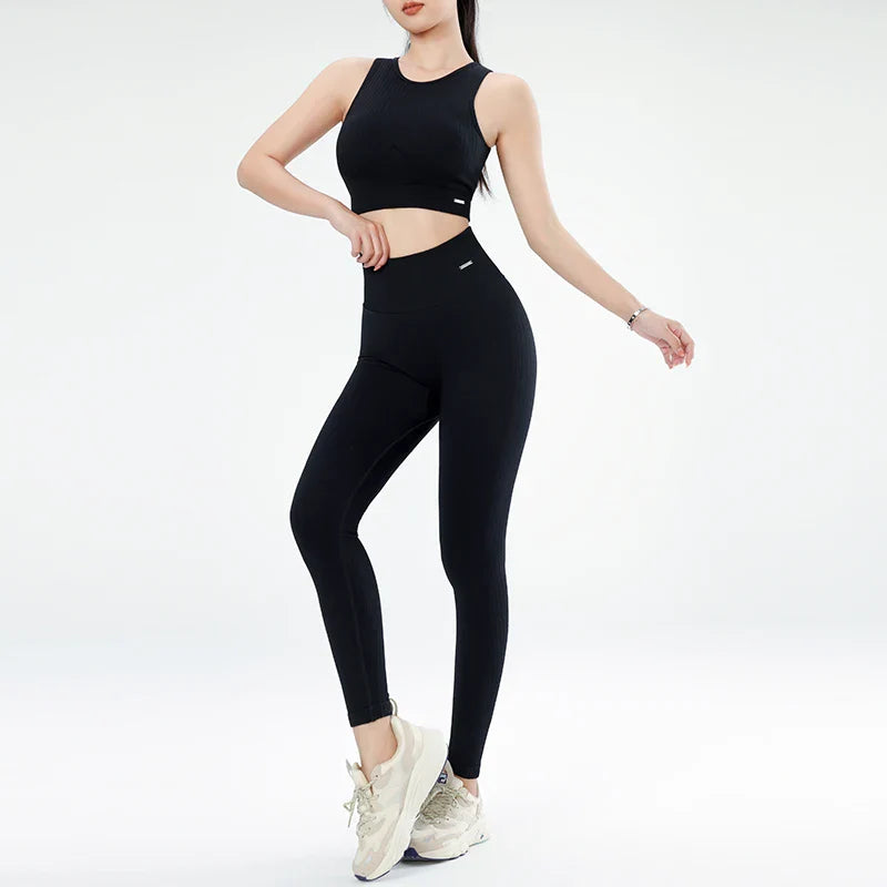 Women’s Sports Fitness Suit Yoga Running Shock Bra Underwear Slim Leg Lift Hip Tight - Black / S