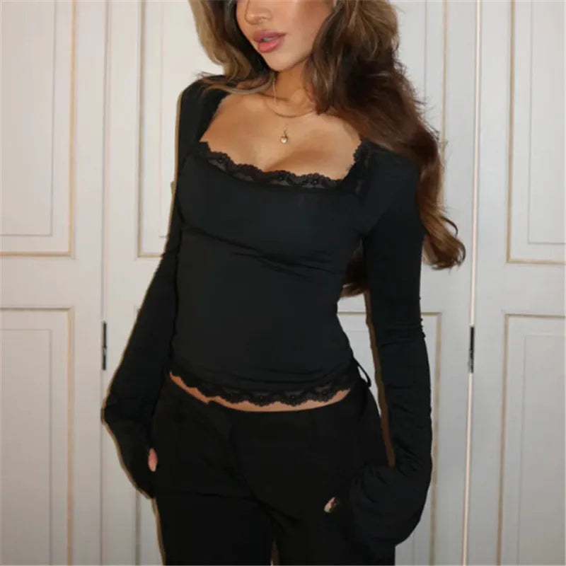 Women’s Spring Lace Trim Tee Shirt Blouses - black / XL