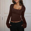 Women’s Spring Lace Trim Tee Shirt Blouses - Brown / S