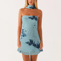 Women’s Strapless Neck Scarf Floral Dresses - E / L