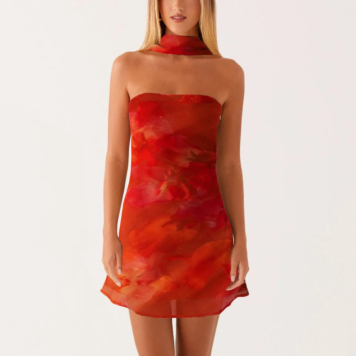 Women’s Strapless Neck Scarf Floral Dresses - F / S