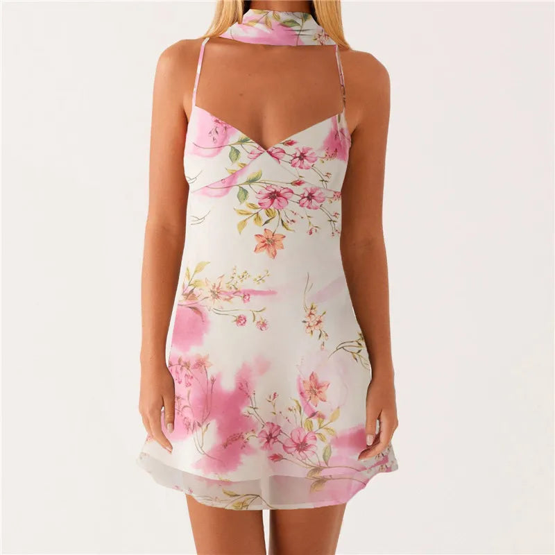 Women’s Strapless Neck Scarf Floral Dresses - L / S