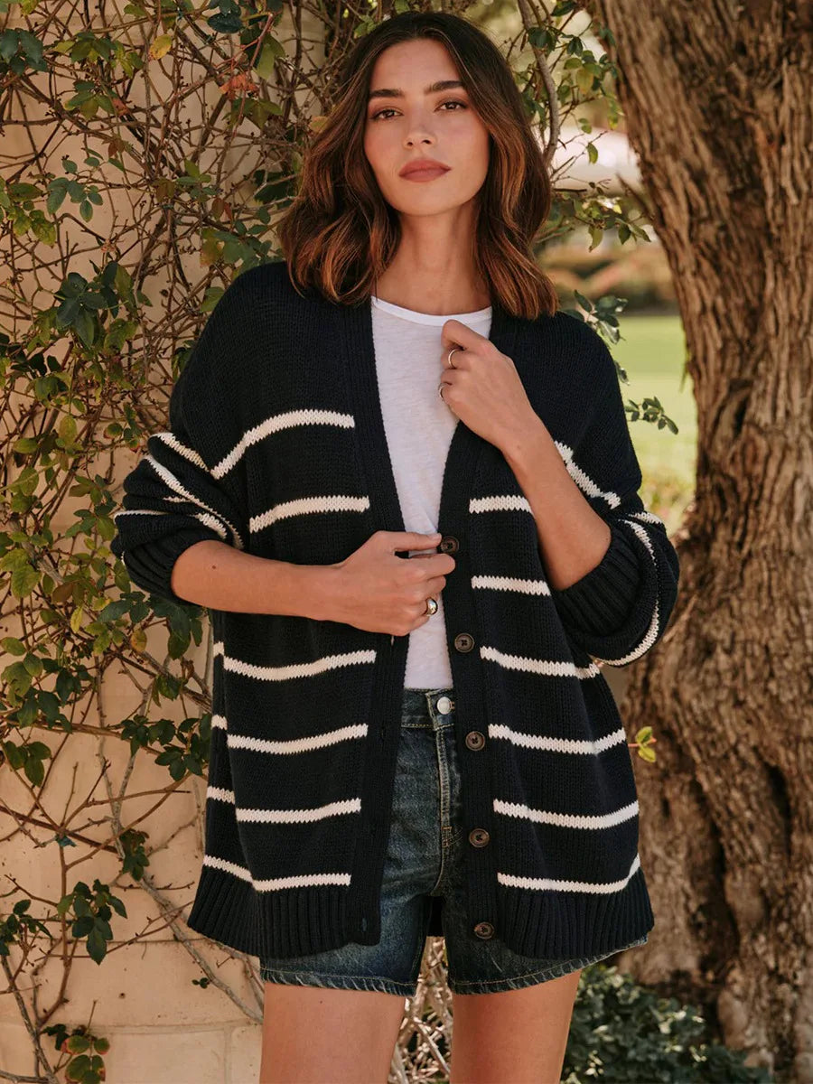 Women’s Striped Knit Cardigan V Neck Cotton Loose Fit