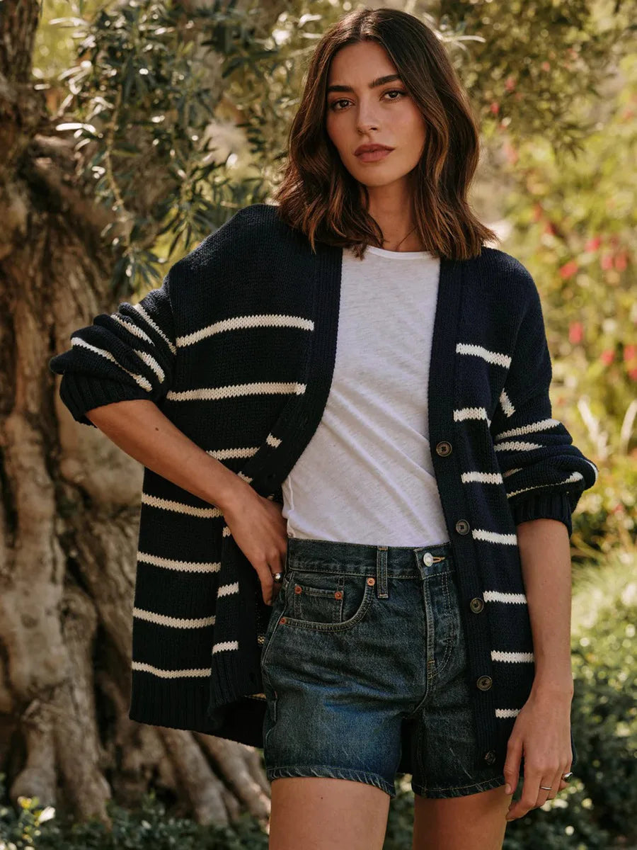 Women’s Striped Knit Cardigan V Neck Cotton Loose Fit - Navy / L