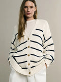 Women’s Striped Knit Cardigan V Neck Cotton Loose Fit - White / M