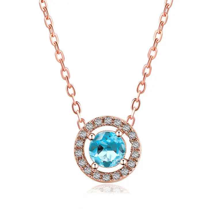 Women’s Stylish Round Zircon Pendant Clavicle Chain - Rose Gold Ocean Blue Stone - electronic accessories