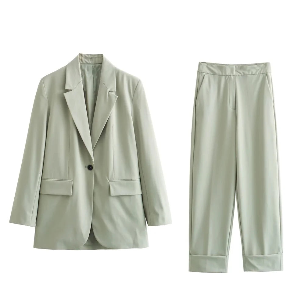 Women’s Suit Coat Curled Hem Straight Leg Trouser Set - Light Green / XS