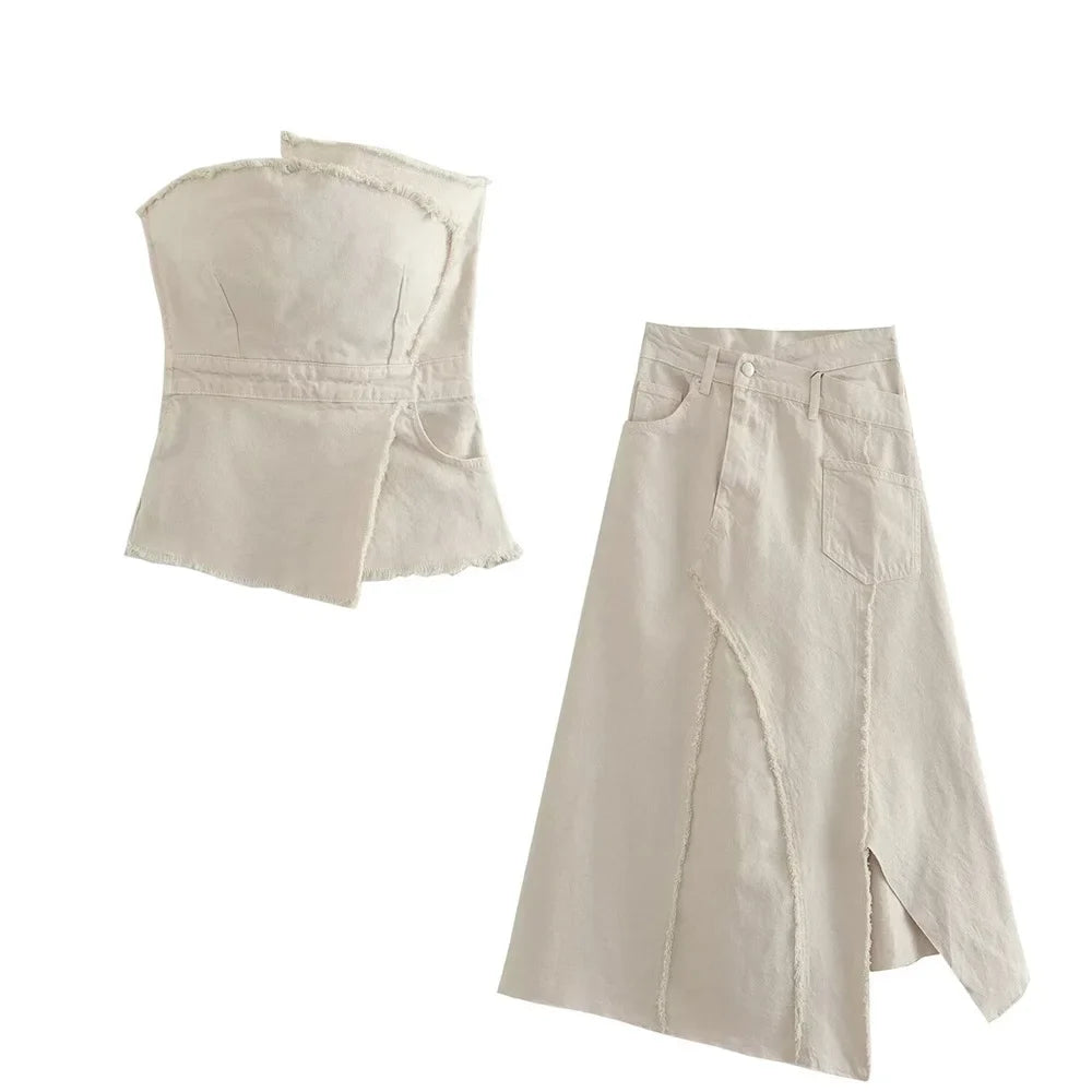 Women’s Temperament Asymmetric Ragged Edge Tight Top High Waist Solid Color Skirt Set - Off white 1 / M