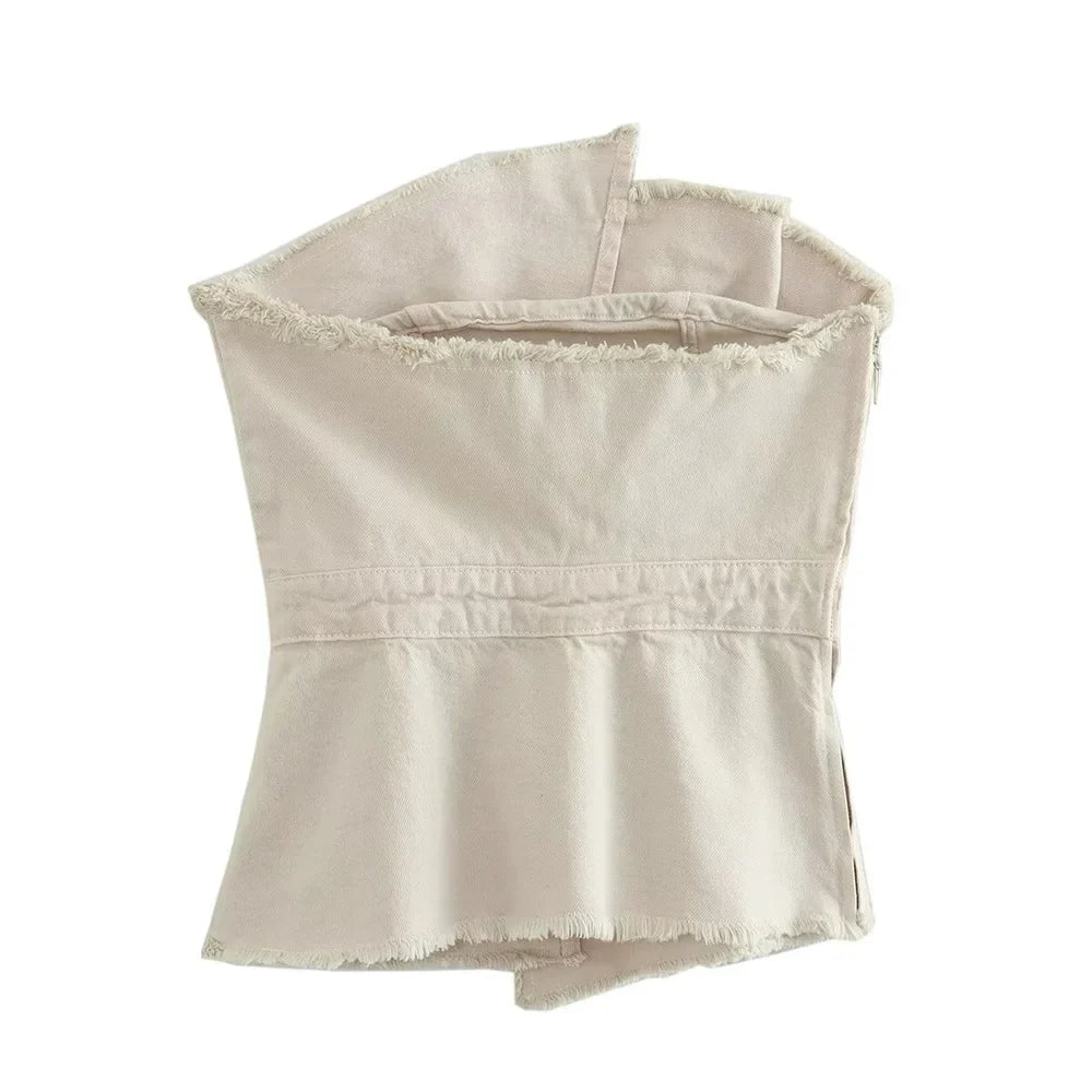 Women’s Temperament Asymmetric Ragged Edge Tight Top High Waist Solid Color Skirt Set - Off white 1 / M