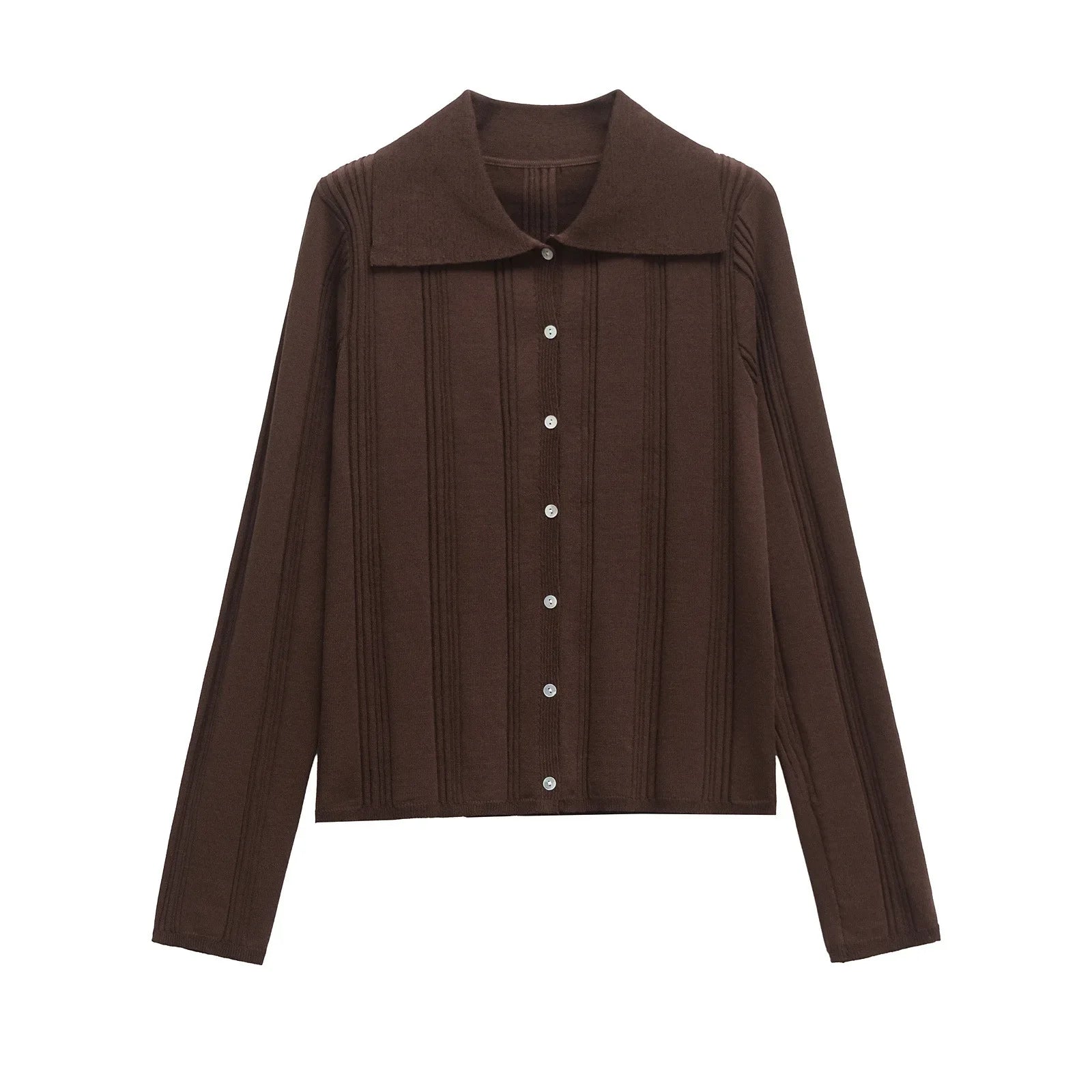 Women’s Textured Knit Cardigan Lapel Long Sleeve Single Breasted Sweater - Brown cardigan / S