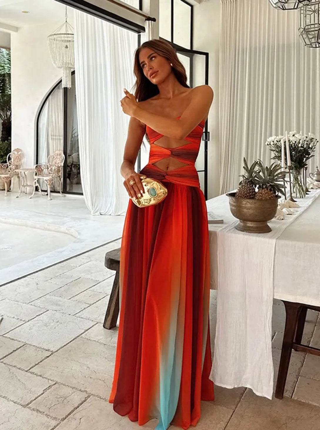 Women’s Tie-dye Gradient Slim Fit Off Waist Long Dress