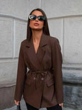 Women's Tie Waist Blazer Coat Oversized Padded Shoulder
