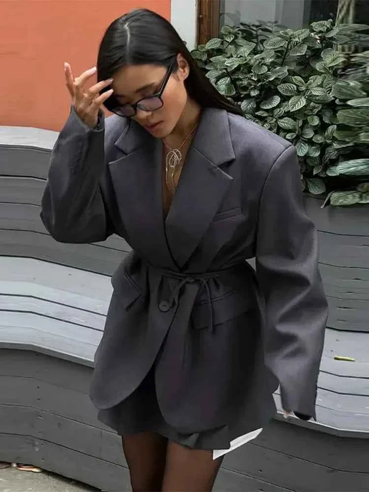 Women's Tie Waist Blazer Coat Oversized Padded Shoulder