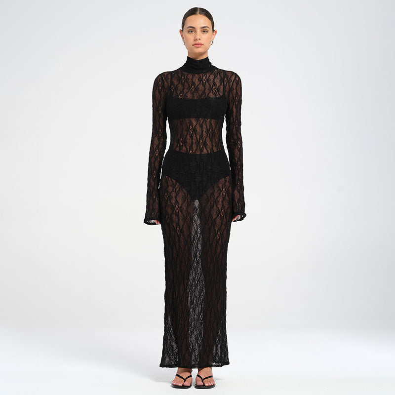 Women’s Turtleneck Lace Long Sleeve Dress - Black / L - Other