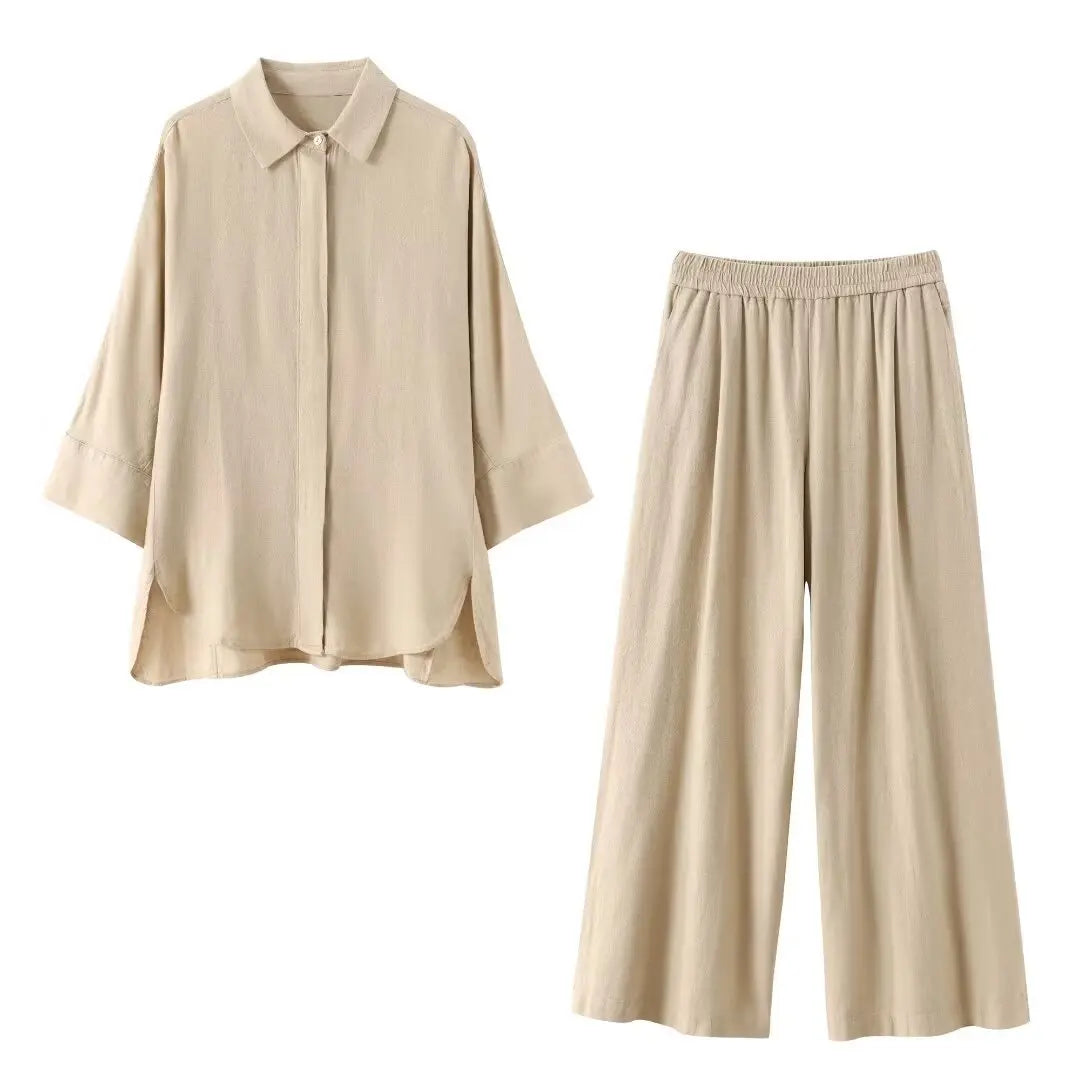 Women’s Two Piece Set Loose Single-Breasted Shirt Elastic Waist Pocket Folds Decorate Wide Leg Pants - Beige / XXL