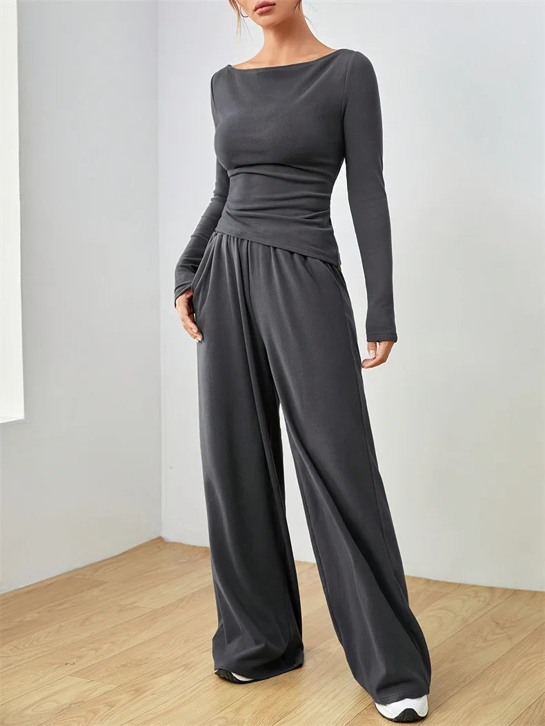 Women’s Two-Piece Wide-Leg Pants Set Soft And Waxy Style Suit - Other