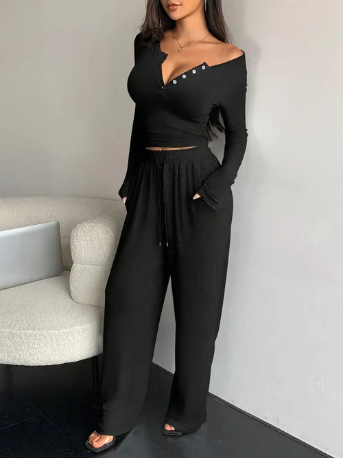 Women’s Two-Piece Wide-Leg Pants Set Soft And Waxy Style Suit - S / Black button - Other