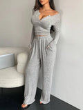 Women’s Two-Piece Wide-Leg Pants Set Soft And Waxy Style Suit - XXL / Grey button - Other
