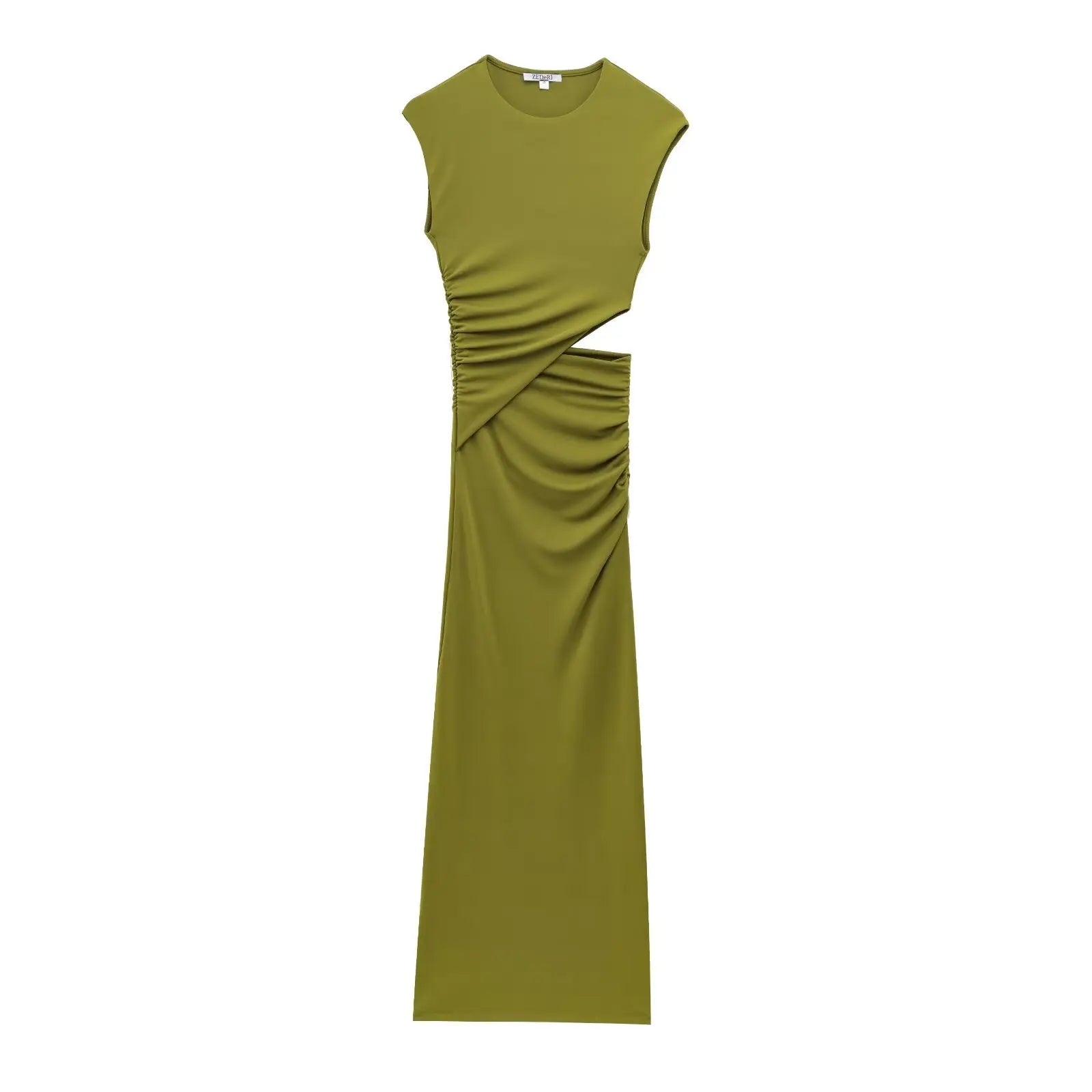Women’s Waist Hollow Design Round Neck Sleeveless Long Dress - army green / L