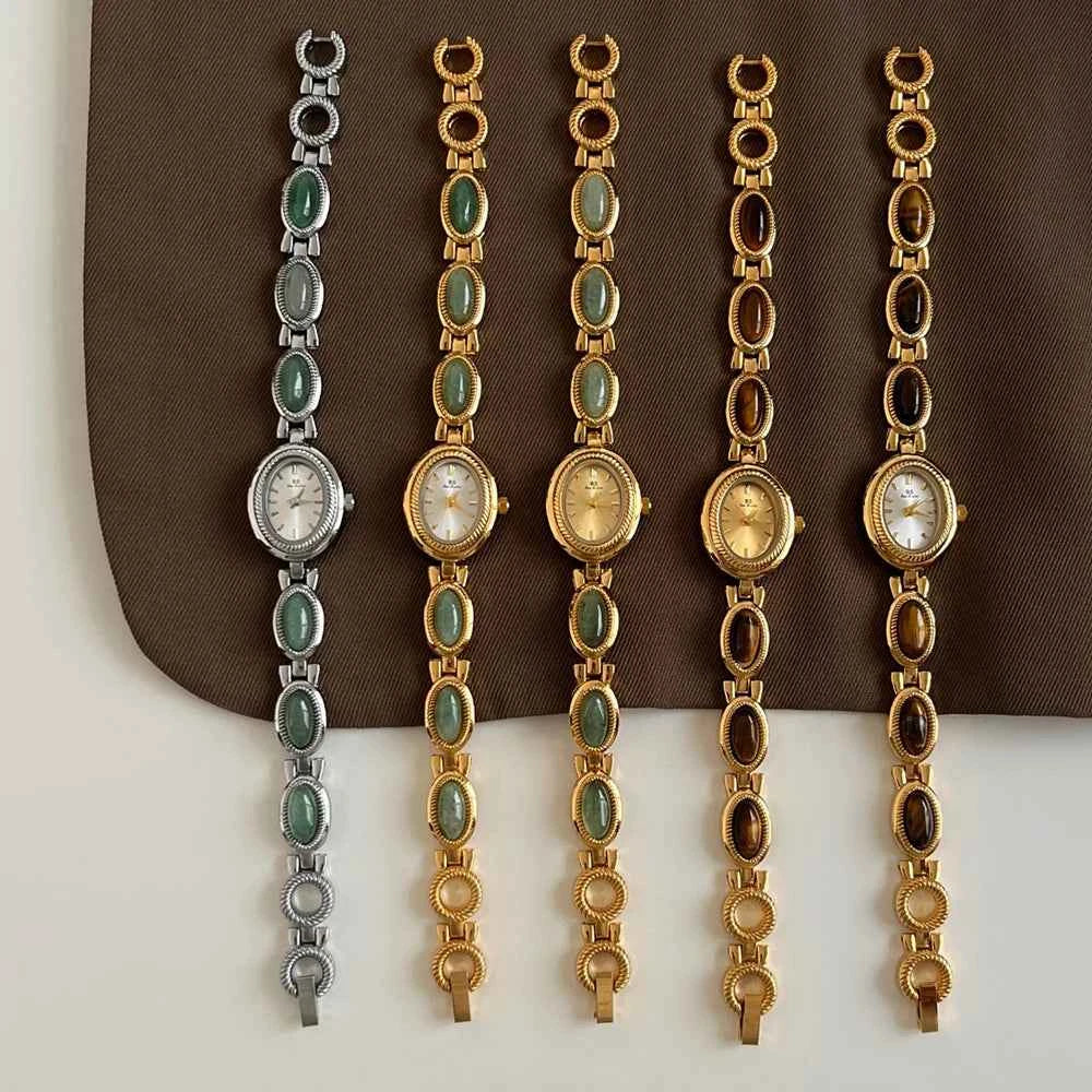 Women's Watch Natural Premium Jade Gold Silver Bracelet Quartz