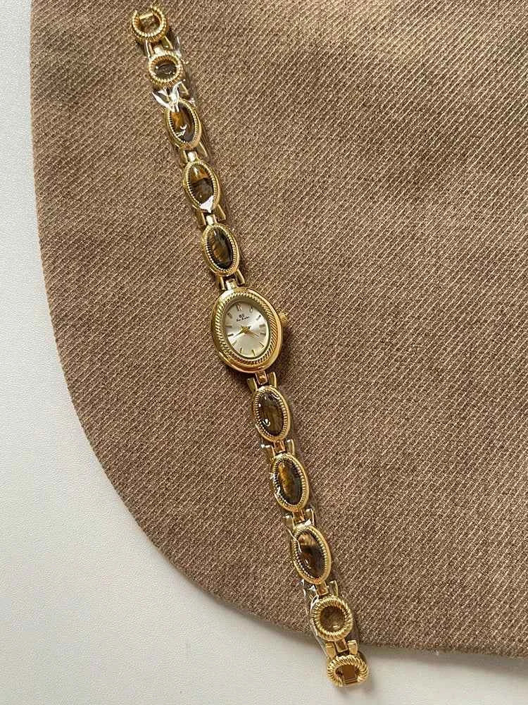 Women's Watch Natural Premium Jade Gold Silver Bracelet Quartz