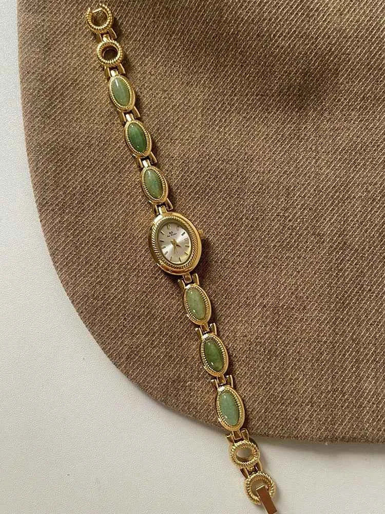 Women's Watch Natural Premium Jade Gold Silver Bracelet Quartz