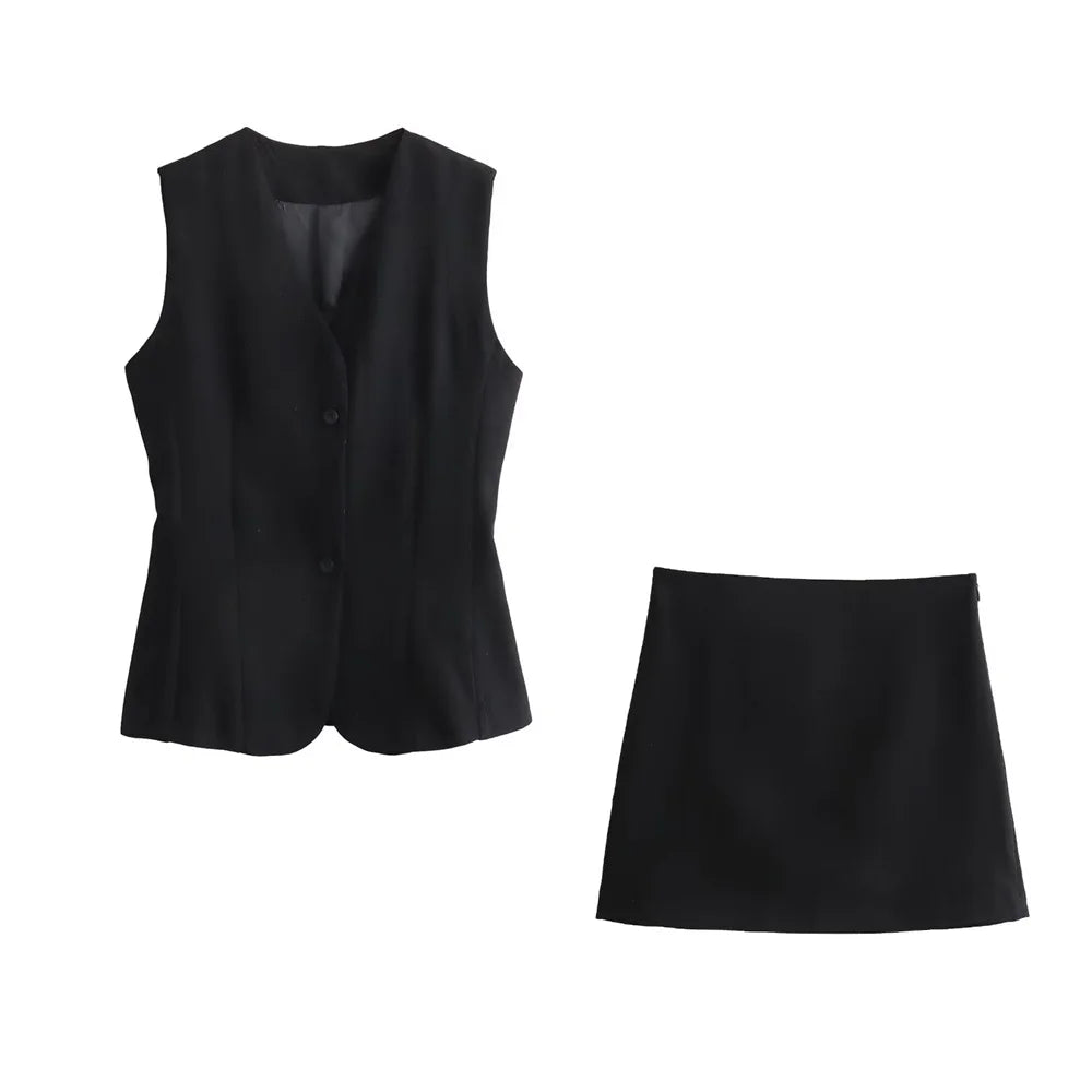 Women’s Wear Button Decoration Slim Fit Tank Top High Waist A-line Skirt Short - black 1 / L