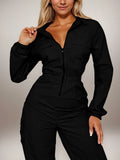 Work Jumpsuit Women’s Pocket Elastic Waist Zipper - black / S