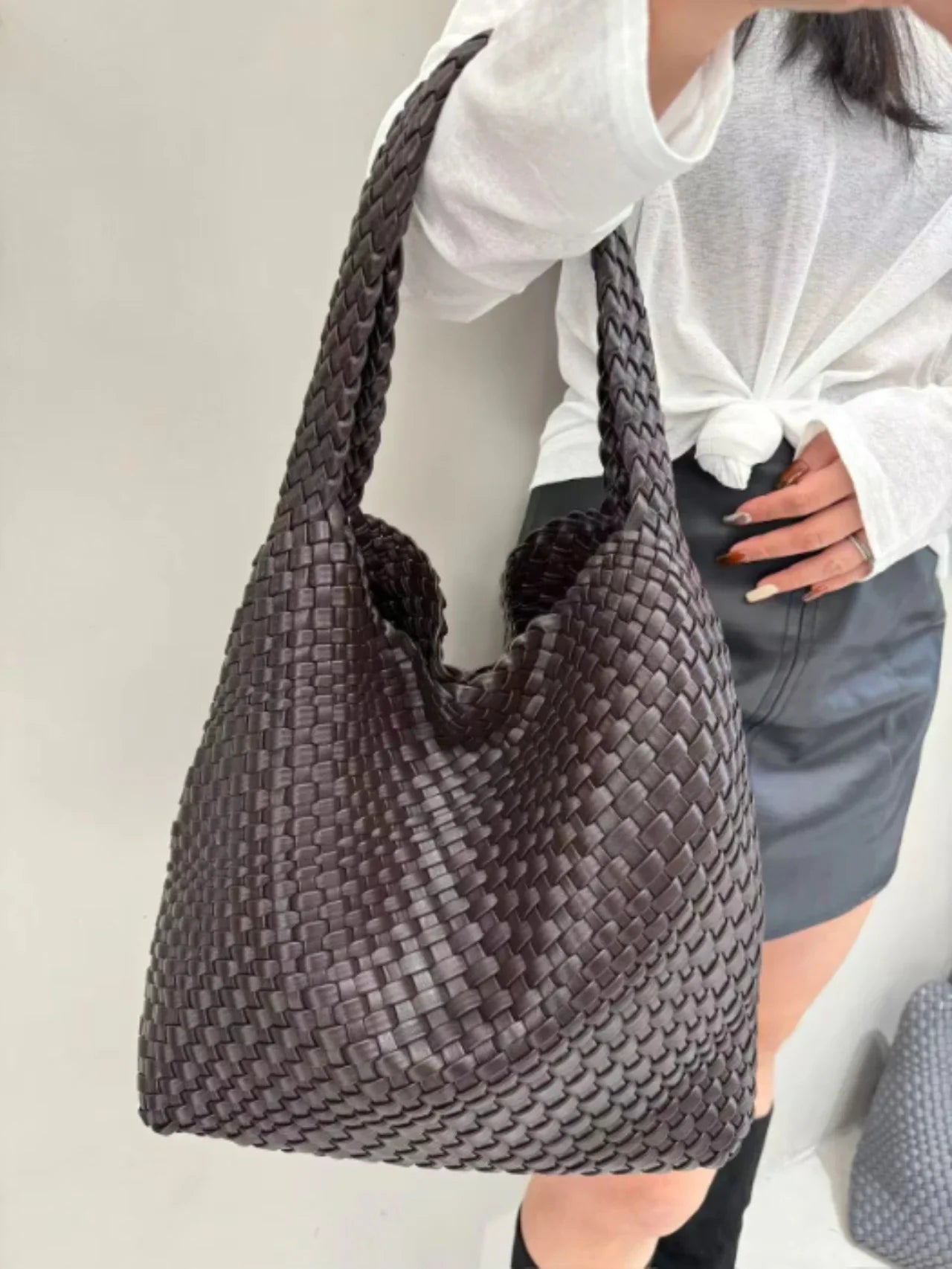 Woven Bag Purses and Handbags PU Leather For Women - Coffee / 30cmx15cmx34cm / CHINA