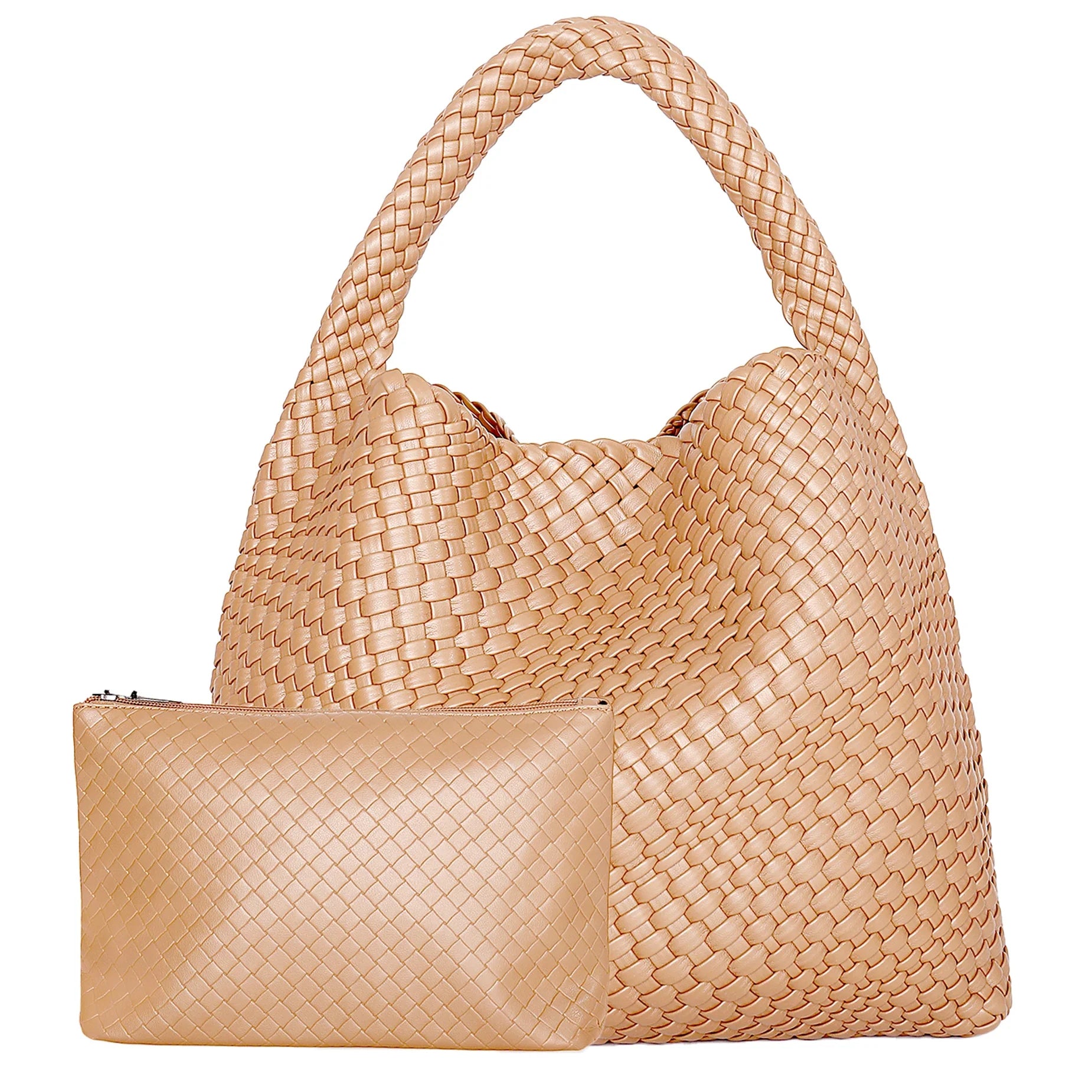 Woven Tote Bag for Women Large Handbag Soft Leather - Apricot