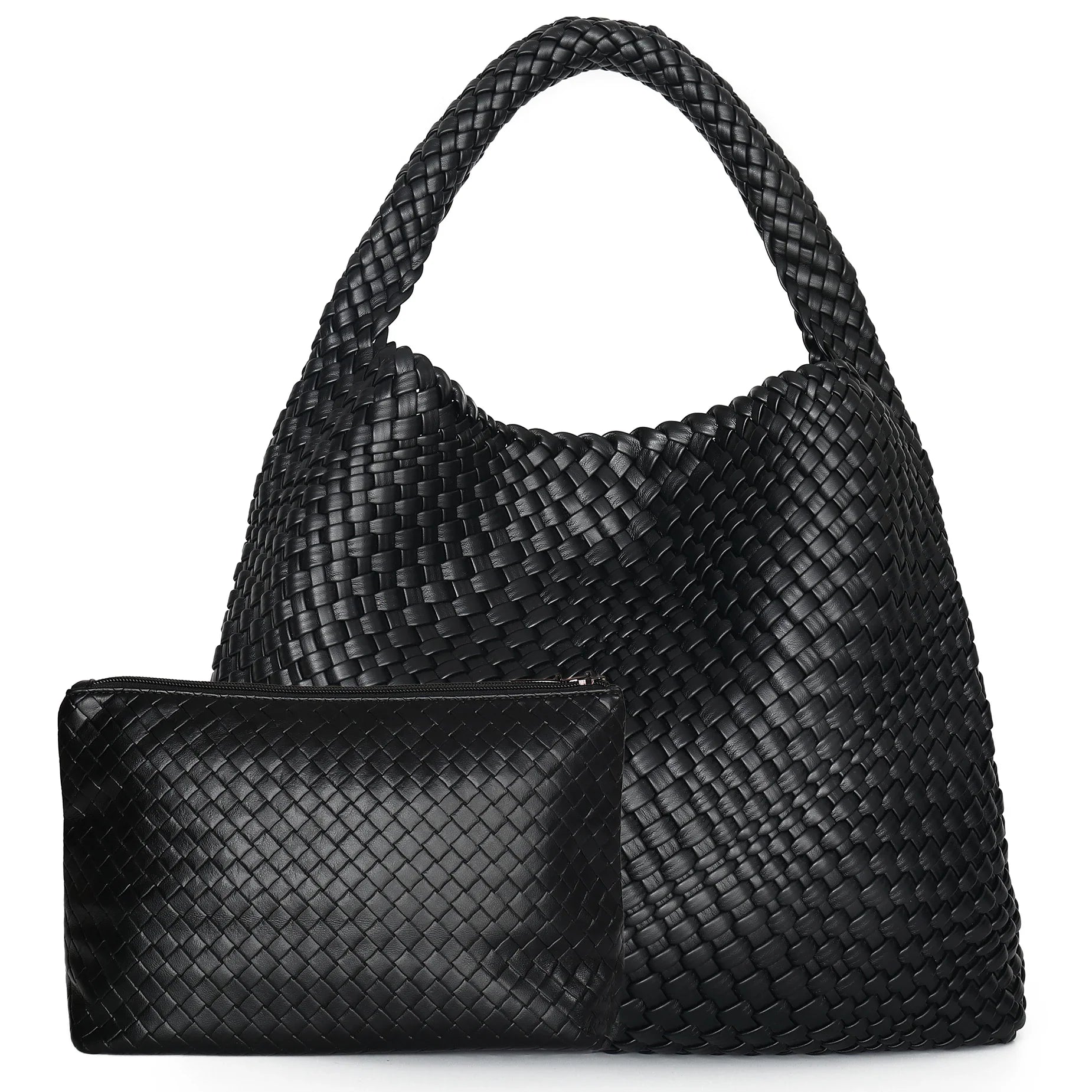 Woven Tote Bag for Women Large Handbag Soft Leather - Black
