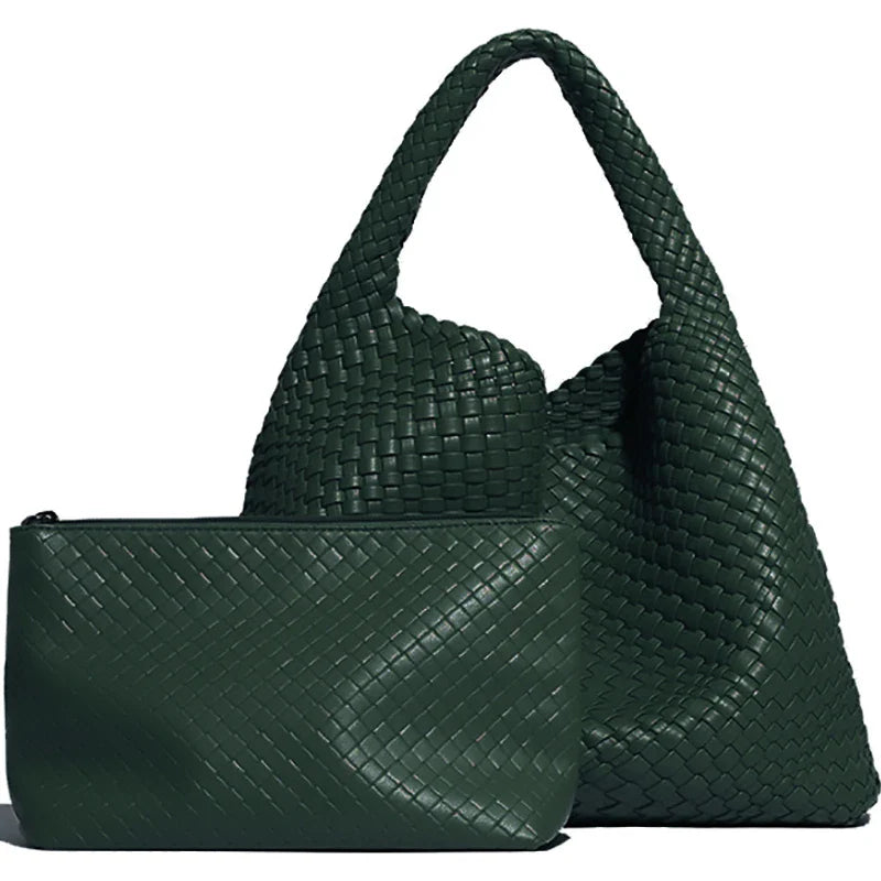 Woven Tote Bag for Women Large Handbag Soft Leather - Blackish Green