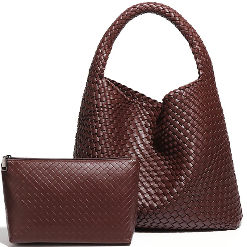 Woven Tote Bag for Women Large Handbag Soft Leather - Dark Coffee