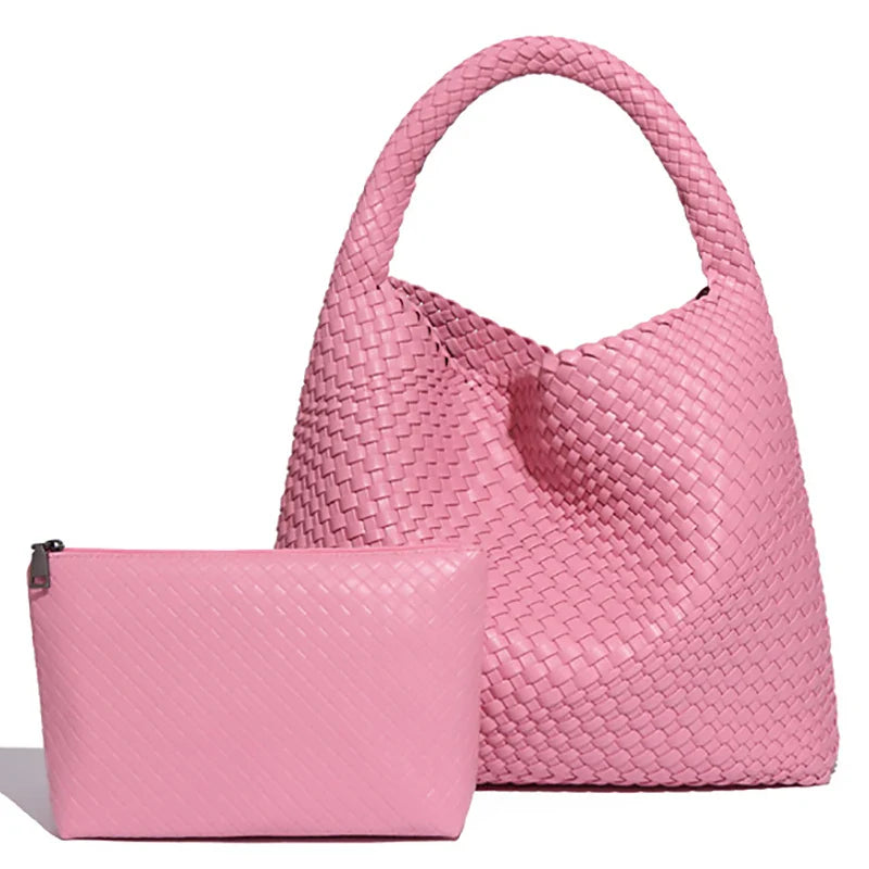 Woven Tote Bag for Women Large Handbag Soft Leather - Pink