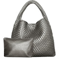 Woven Tote Bag for Women Large Handbag Soft Leather - Silver