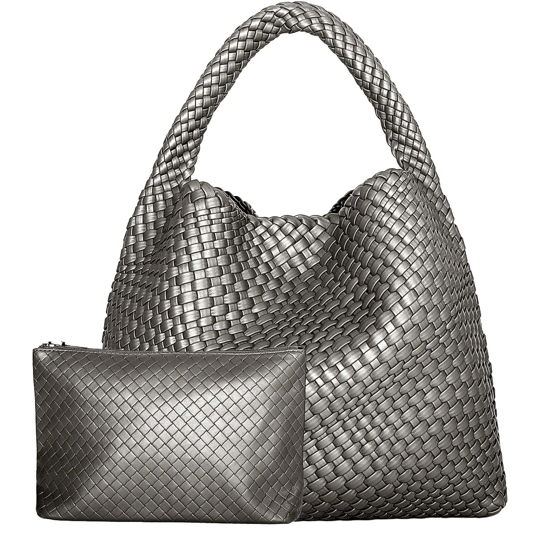 Woven Tote Bag for Women Large Handbag Soft Leather - Silver