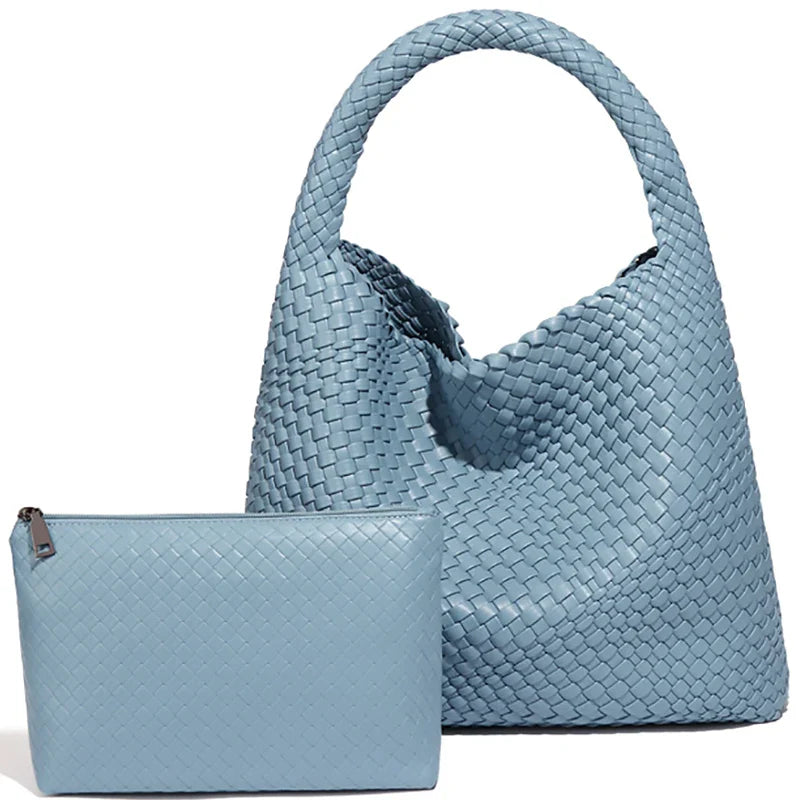 Woven Tote Bag for Women Soft Leather Shoulder - Haze Blue