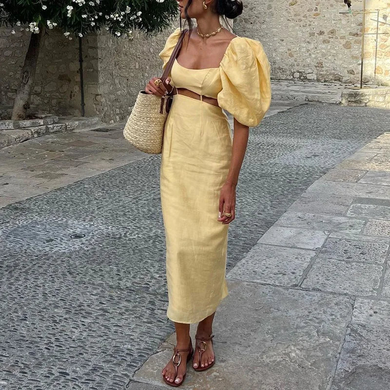 Yellow Puff Sleeve Hollow A-line Dress