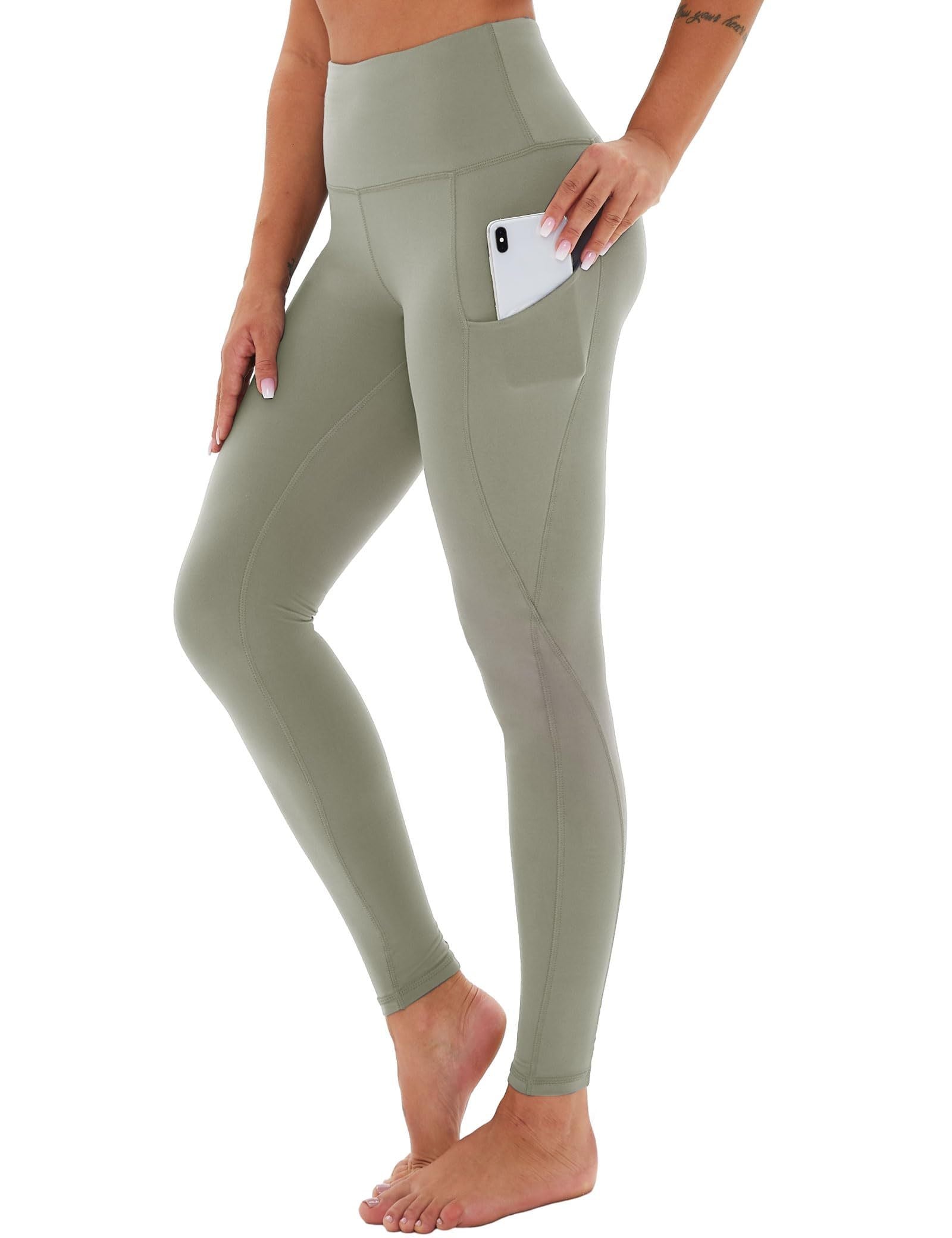 Yoga Pants - Cropped High-waisted Slanted Pockets Polyester Double Grind Gray Green - Other