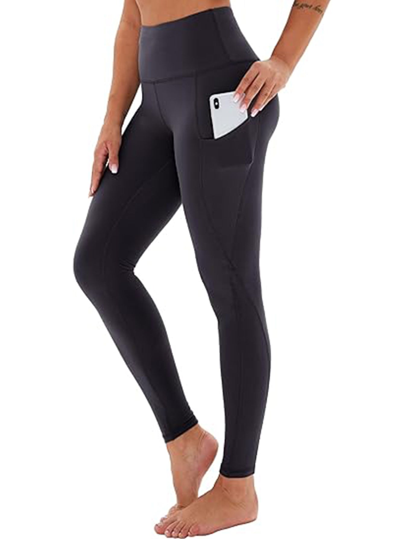 Yoga Pants - Cropped High-waisted Slanted Pockets Solid Color Polyester Double Grind Black - Other