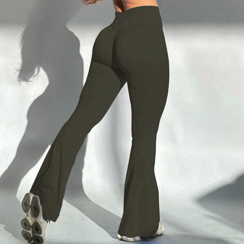 Yoga Rear Wrinkle Slim Fit Bell-bottom Pants - S / Army Green - Other